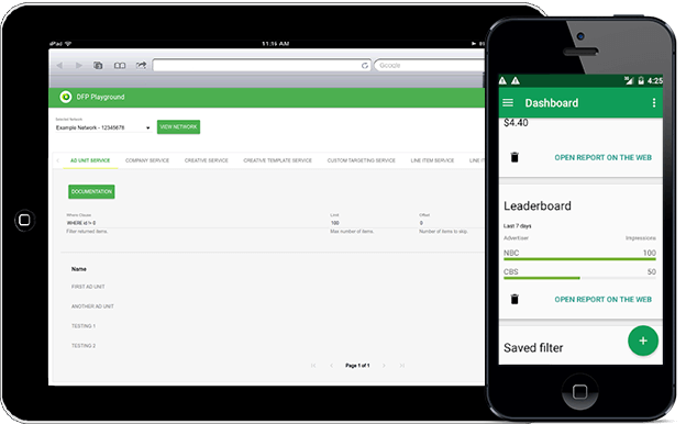 DoubleClick for Publishers Graph sample ui of dfp in mobile and desktop view