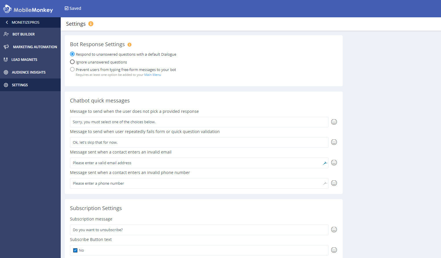 Mobile Monkey Settings Mobile Monkey Settings