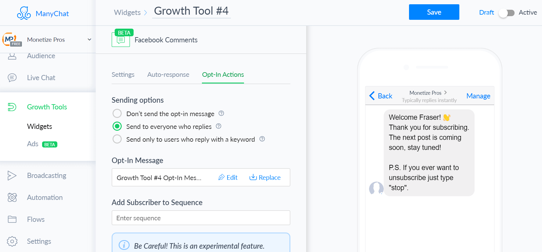 Manychat Opt-In Actions Manychat Opt-In Actions