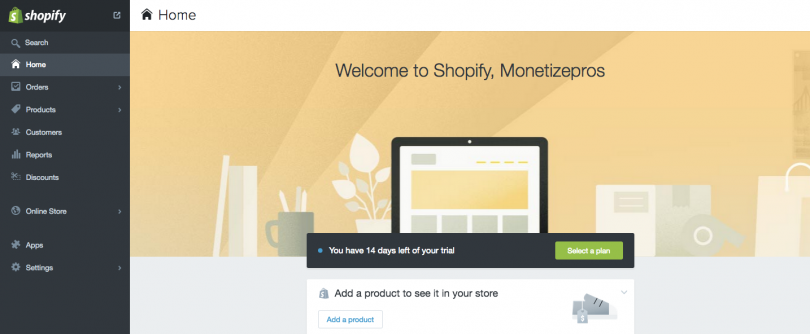Shopify dashboard