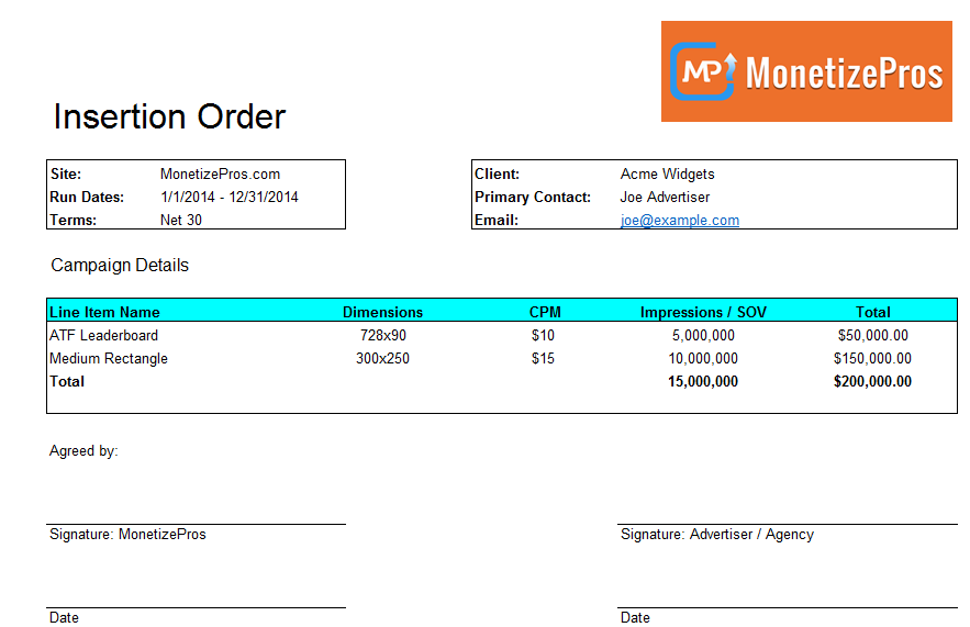 Example of an Insertion Order (IO)